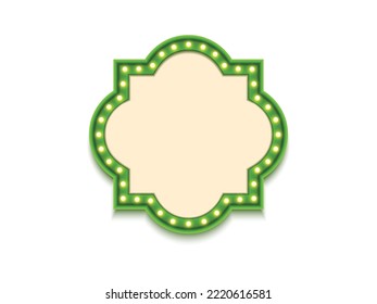 Antique shape marquee vintage 3d lightbox with glowing bulb. Green color retro frame design vector illustration.
