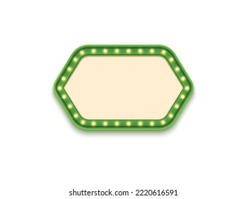 Antique shape marquee vintage 3d lightbox with glowing bulb. Green color retro frame design vector illustration.
