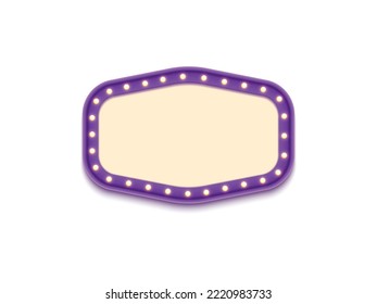 Antique shape marquee vintage 3d lightbox with glowing bulb. Purple color retro frame design vector illustration.