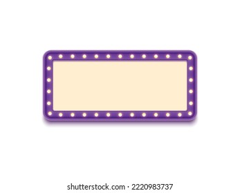 Antique shape marquee vintage 3d lightbox with glowing bulb. Purple color retro frame design vector illustration.