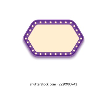 Antique shape marquee vintage 3d lightbox with glowing bulb. Purple color retro frame design vector illustration.