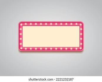 Antique shape marquee vintage 3d lightbox with glowing bulb. Pink color retro frame design vector illustration.