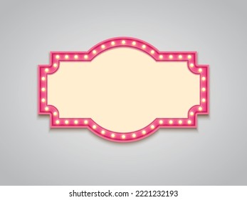 Antique shape marquee vintage 3d lightbox with glowing bulb. Pink color retro frame design vector illustration.