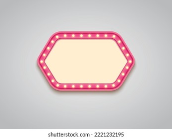 Antique shape marquee vintage 3d lightbox with glowing bulb. Pink color retro frame design vector illustration.