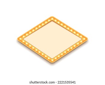 Antique shape marquee vintage 3d lightbox with glowing bulb. Yellow color retro frame design vector illustration.