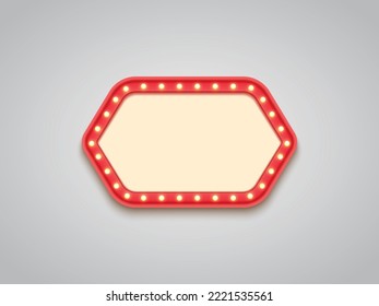 Antique shape marquee vintage 3d lightbox with glowing bulb. Red color retro frame design vector illustration.