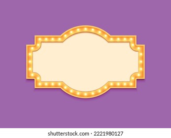 Antique shape marquee vintage 3d lightbox with glowing bulb. Yellow color retro frame design vector illustration.