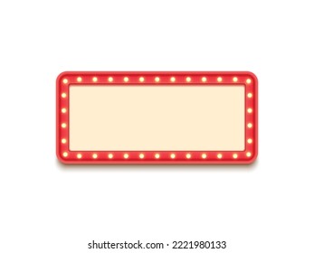 Antique shape marquee vintage 3d lightbox with glowing bulb. Red color retro frame design vector illustration.