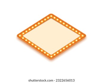 Antique shape marquee vintage 3d lightbox with glowing bulb. Orange color retro frame design vector illustration.	