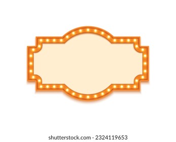Antique shape marquee vintage 3d lightbox with glowing bulb. Orange color retro frame design vector illustration.	