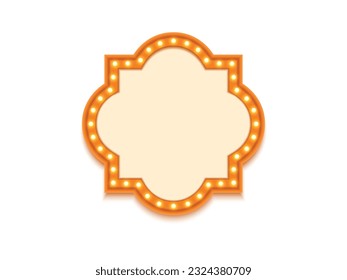 Antique shape marquee vintage 3d lightbox with glowing bulb. Orange color retro frame design vector illustration.	