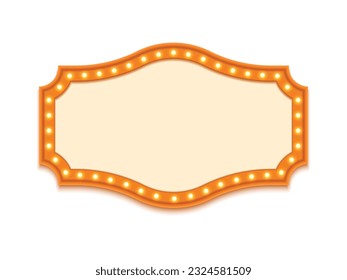 Antique shape marquee vintage 3d lightbox with glowing bulb. Orange color retro frame design vector illustration.	