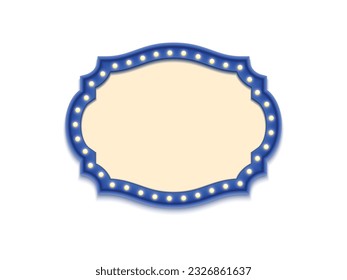 Antique shape marquee vintage 3d lightbox with glowing bulb. Blue color retro frame design vector illustration.