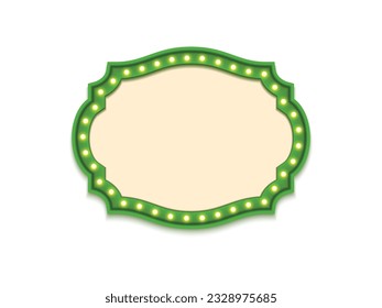 Antique shape marquee vintage 3d lightbox with glowing bulb. Green color retro frame design vector illustration.