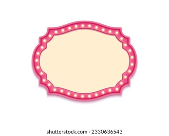Antique shape marquee vintage 3d lightbox with glowing bulb. Pink color retro frame design vector illustration.