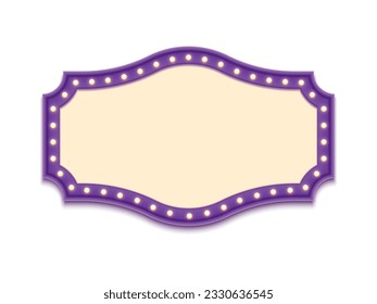 Antique shape marquee vintage 3d lightbox with glowing bulb. Purple color retro frame design vector illustration.