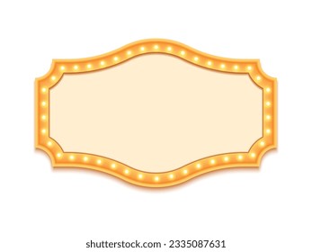 Antique shape marquee vintage 3d lightbox with glowing bulb. Yellow color retro frame design vector illustration.