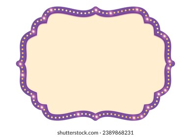 Antique shape marquee vintage 3d lightbox with glowing bulb. Purple color retro frame design vector illustration.