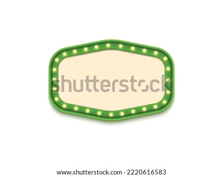 Antique shape marquee vintage 3d lightbox with glowing bulb. Green color retro frame design vector illustration.
