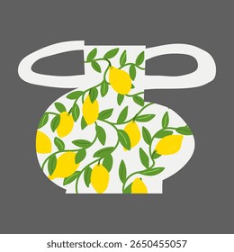 Antique shaped ceramic vase with handles and hand drawn lemon botanical ornament, mediterranean elegant aesthetics vector illustration on dark grey background