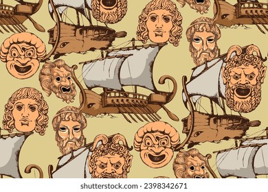 Antique ships and masks.  Seamless pattern. Vector illustration. Suitable for fabric, mural, wallpapers, wrapping paper and the like