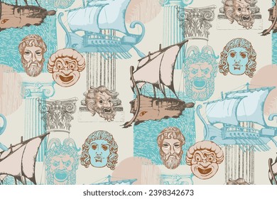 Antique ships and masks.  Seamless pattern. Vector illustration. Suitable for fabric, mural, wallpapers, wrapping paper and the like