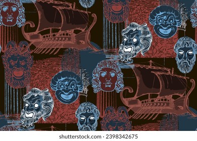 Antique ships and masks.  Seamless pattern. Vector illustration. Suitable for fabric, mural, wallpapers, wrapping paper and the like