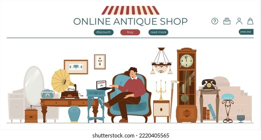 Antique shop flat banner for landing page with clickable buttons and view of vintage furniture store vector illustration