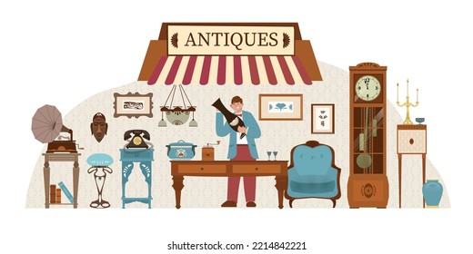 Antique shop flat composition with view of storefront canopy with ornate text and vintage furniture pieces vector illustration