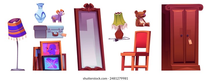 Antique shop goods set isolated on white background. Vector cartoon illustration of vintage wooden wardrobe, mirror in carved frame, chair, lamps, stack of pictures, old suitcase, retro vase, toys