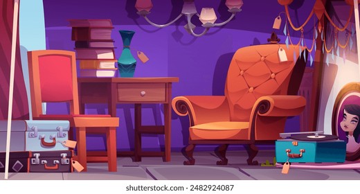 Antique shop interior. Vector cartoon illustration of small room with old elegant armchair, books on wooden table, vintage vinyl record player, portrait in frame, retro mirror and lamps, suitcase