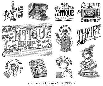 Antique shop labels or badges set. Collection of vintage victorian ancient logo for t-shirts, typography or signboards, banners. Frame and Sculpture. Old fashion. Hand drawn engraved monochrome sketch