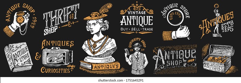 Antique shop labels or badges set. Collection of vintage victorian ancient logo for t-shirts, typography or signboards, banners. Frame and Sculpture. Old fashion. Hand drawn engraved monochrome sketch