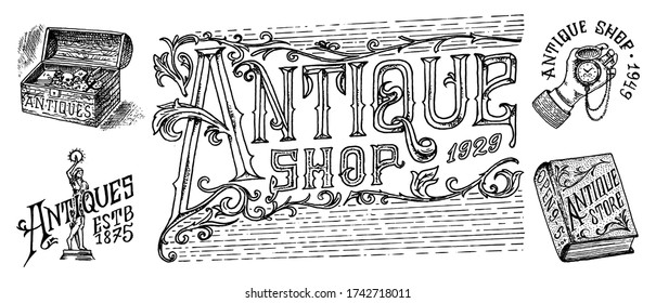 Antique shop labels or badges. Vintage pocket watch, book and phrase with old capital letters, Pirate chest. Hand Drawn engraved monochrome sketch. Victorian ancient logo for t-shirts and typography. 