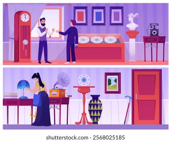 Antique shop, rarity store interior vector flat illustrations set. Consultant showing jewelry to client. Pawn shop with vintage clock and vase, old gramophone and statue, retro pictures and plates