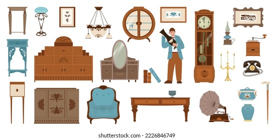 Antique shop set with flat isolated icons of vintage decorations furniture pieces chandeliers candles and dishes vector illustration