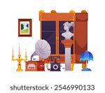 Antique shop vector flat illustration. Pawn shop with retro telephone, vintage lamp and cabinet, old gramophone and statue, picture. Rarity store interior goods