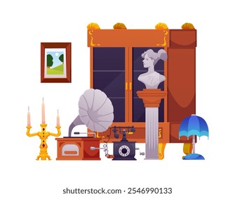 Antique shop vector flat illustration. Pawn shop with retro telephone, vintage lamp and cabinet, old gramophone and statue, picture. Rarity store interior goods