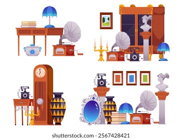 Antique shop vector flat illustrations set. Rarity store interior goods. Pawn shop with retro telephone, vintage clock and cabinet, old gramophone and statue, picture and vase