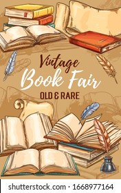 Antique shop, vintage books fair or bookshop sketch poster. Vector literature festival, rare and old book store, antiquarian poems and novels market, ancient paper scrolls with retro ink and quill pen