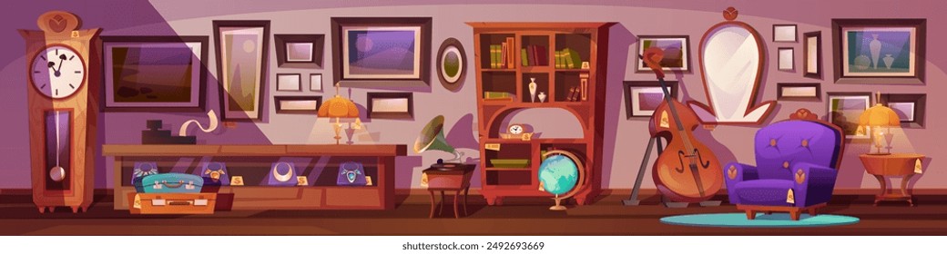 Antique shop with vintage furniture and bookshelf. Store interior to buy rarity jewelry, expensive watch or mirror frame. Cozy office environment panorama with contrabass, gramophone and globe