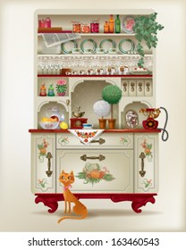 Antique sideboard with dishes and a red cat. Old-fashion sideboard with a lot of kitchen utensils.  includes transparency and gradient mesh