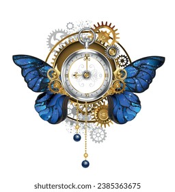 Reloj de vapor antiguo, plateado con alas de mariposa morfo azules y realistas, con dial de números romanos dorados, adornado. Estilo Steampunk. arte vectorial dibujado a mano