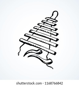 Antique simple hang hit Balafon silimba noise tool on white backdrop. Outline black ink drawn old folk idiophone object logo emblem in artist doodle style pen on paper space for text. View closeup top