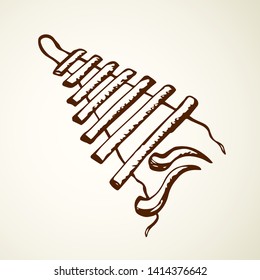 Antique simple hang hit Balafon silimba noise tool on white backdrop. Outline black ink drawn old folk idiophone object logo emblem in artist doodle style pen on paper space for text. View closeup top