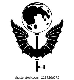 Antique skeleton key with bat wings and fool moon as its head. Fantastic symbol of magic and witchcraft. Black and white silhouette.