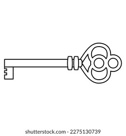Antique skeleton key. Black and white linear silhouette. Isolated vector illustration.