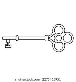 Antique skeleton key. Black and white linear silhouette. Isolated vector illustration.