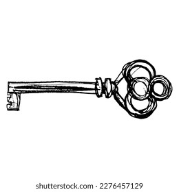 Antique skeleton key. Hand drawn linear doodle rough sketch. Black silhouette on white background.