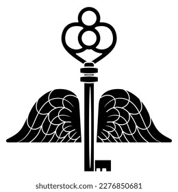 
Antique skeleton key with two wings. Creative funny design. Black and white silhouette. 